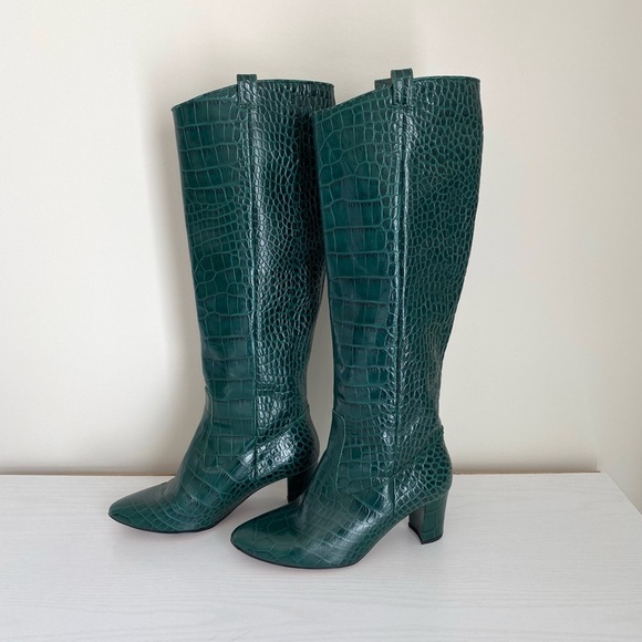 VERONICA BEARD Abella Green Croc Embossed Leather Knee High Heeled Boots 6 - Picture 1 of 11